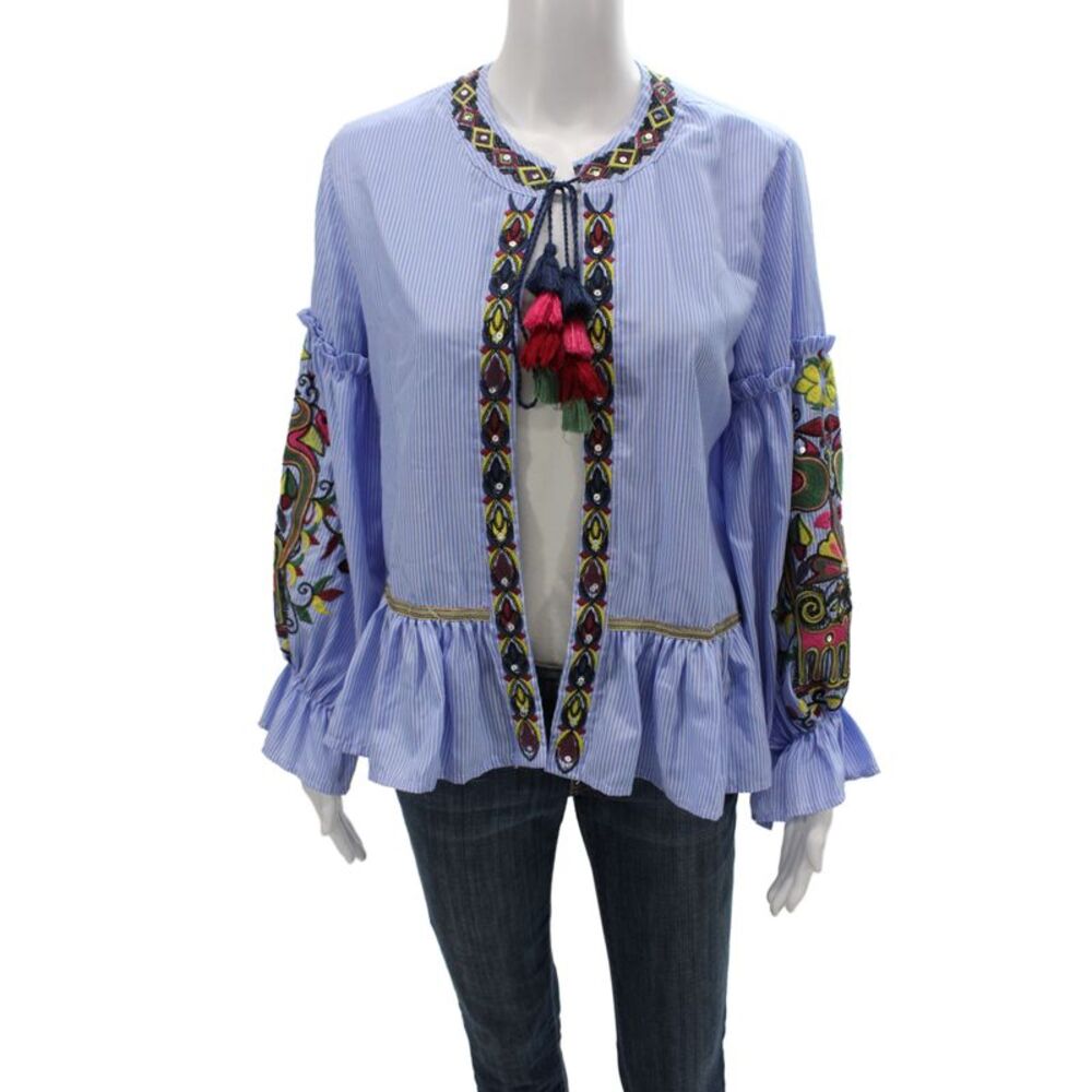 Haute Rogue Women Tunic Blue Striped Long Sleeve Tie Neck Polyester Size M